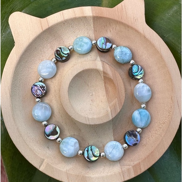 B70. 10mm Larimar Coin & 8mm Abalone Coin W/ .925 SS Bracelet - Picture 1 of 6
